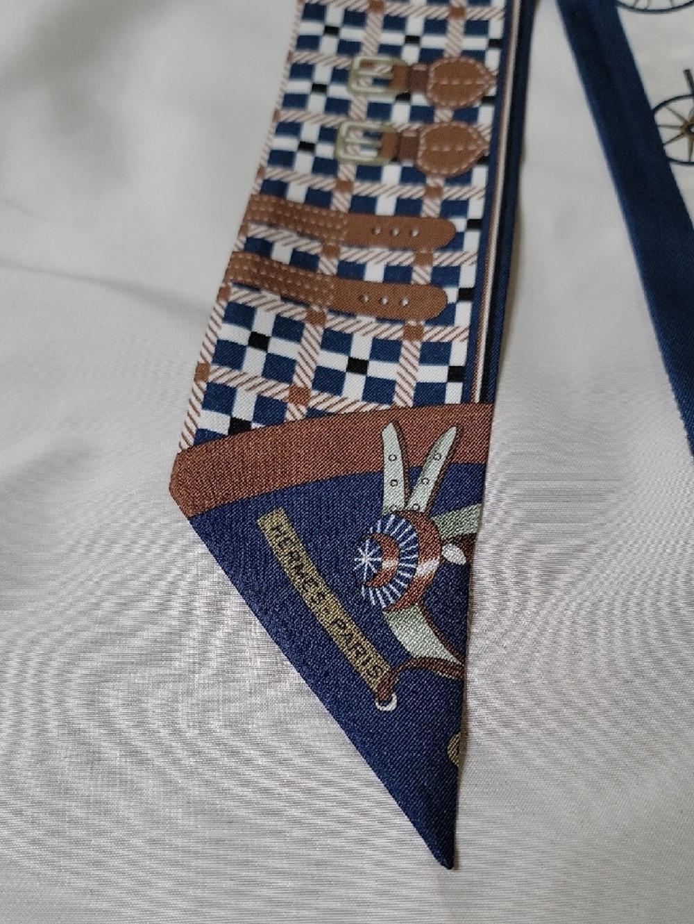 Hermes Navy and Brown Equestrian Twilly Scarf - Picture 2 of 3